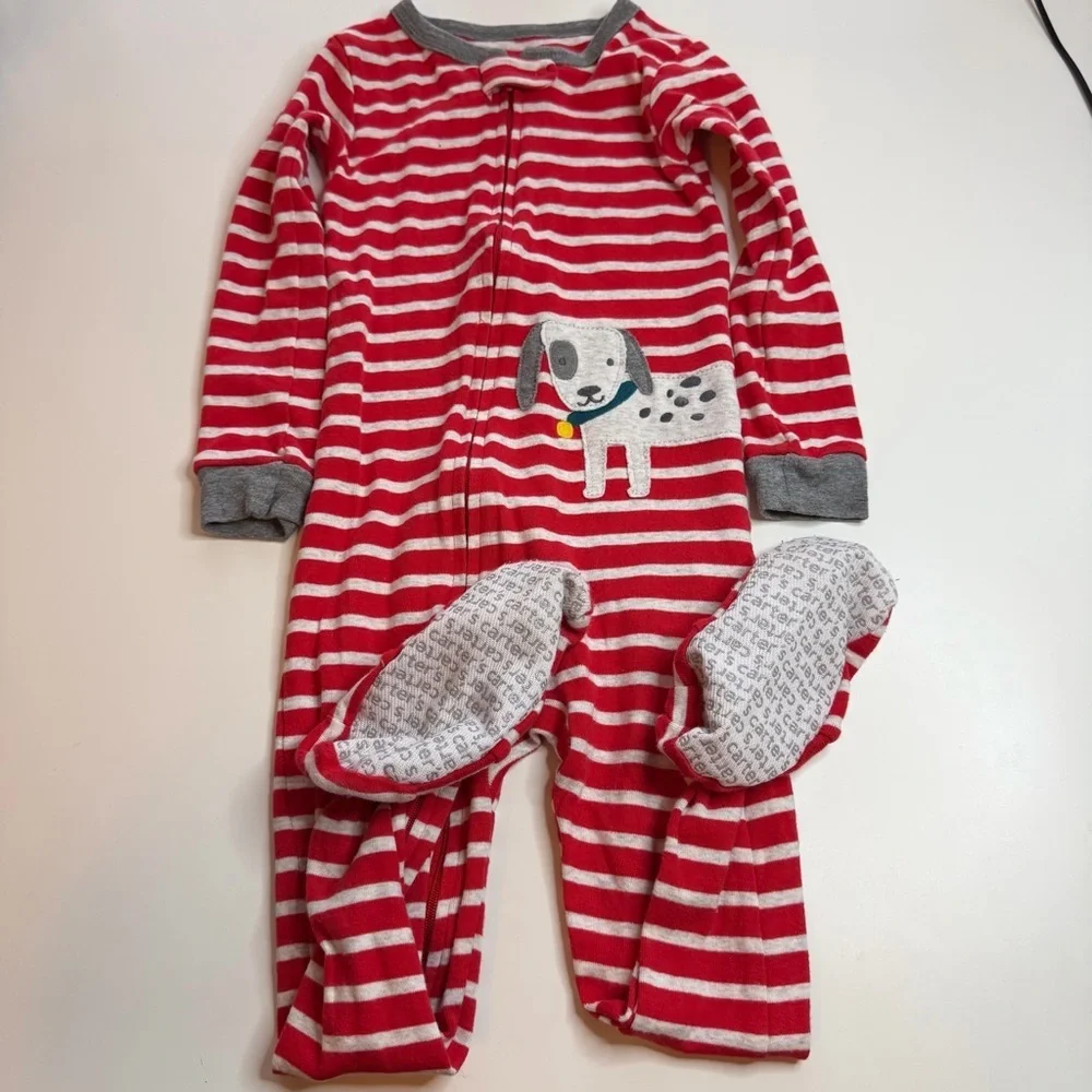 Carter's Red and White Striped Footie with Dog Appliqué